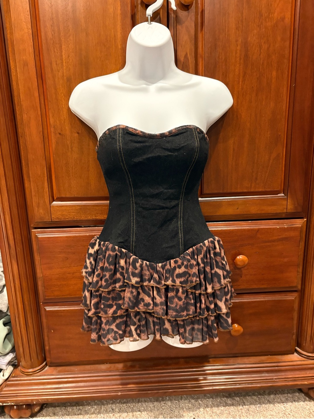 Windsor Denim Strapless Black Corset Dress with Leopard Ruffle Skirt